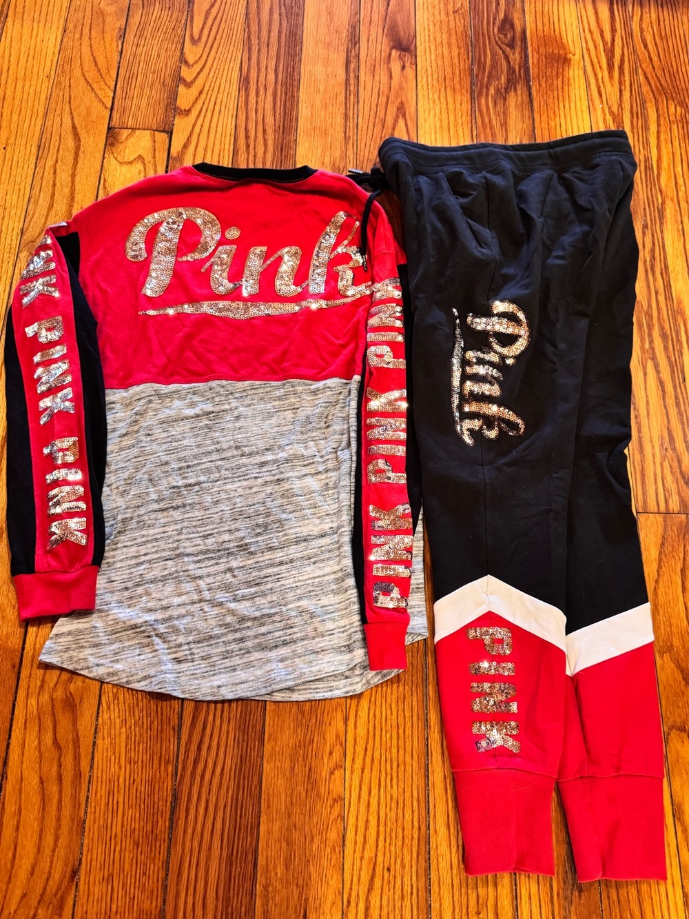 PINK Victoria’s Secret 2015 Sequin Bling Set Joggers + Long Sleeve Tee